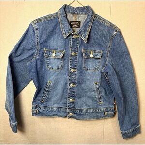 Vintage Polo Jeans Co. Blue Denim Trucker Jacket Women's XL small stain